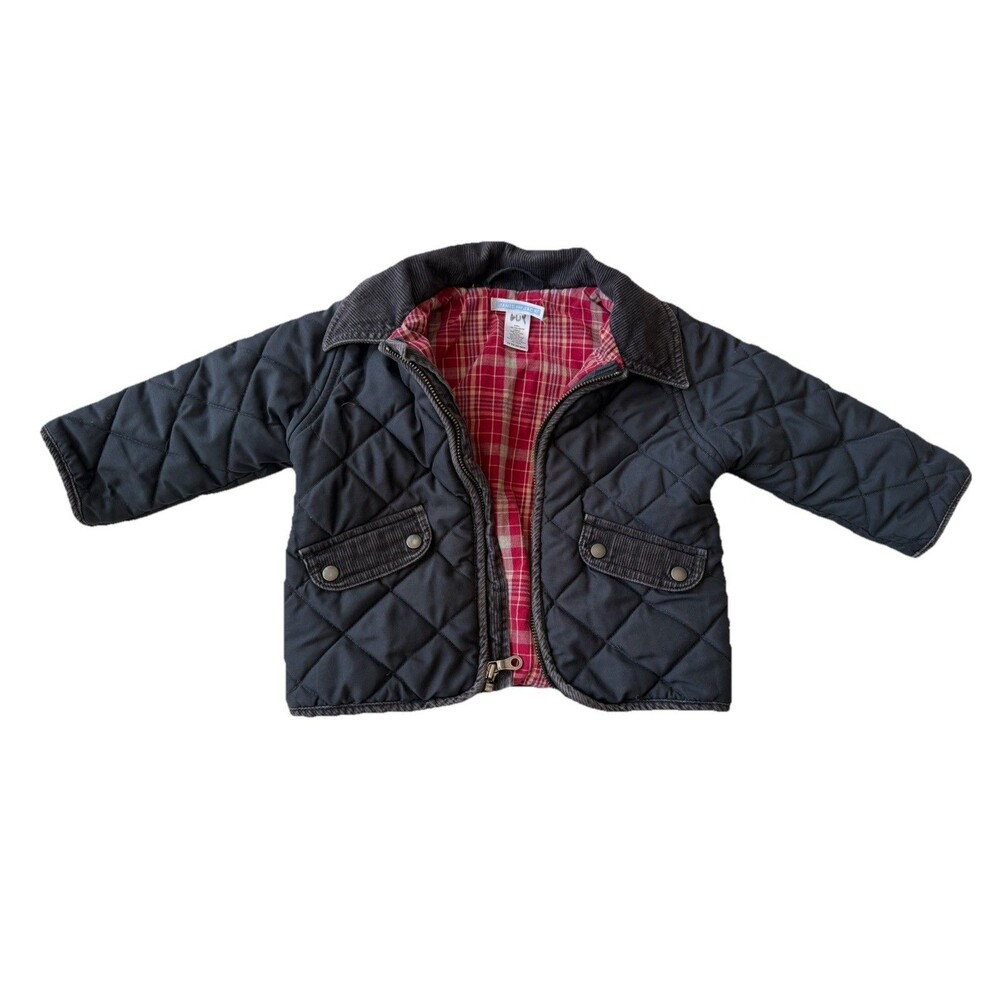 Janie and Jack Quilted Barn Coat Jacket Slate Grey/Green Full Zip Sz 12-24 month